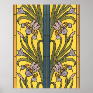 Arte Nuevo Iris Flor Vidrio Emplomado Azul Oro