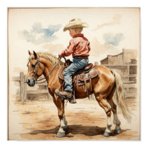 Arte occidental vintage de niño rubio a caballo