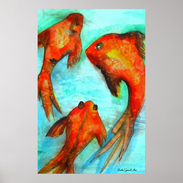 Arte original de acuarela de peces dorados naranja (Frente)