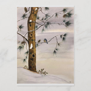 Arte original de pino y pájaro en nieve en tarjeta