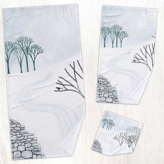 Arte paisajístico de nieve de invierno (Winter landscape art with trees birds and dry stone wall art bathroom towel set)