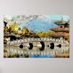 Arte paisajístico del puente japonés vintage