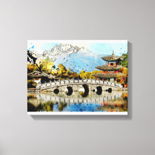 Arte paisajístico del puente japonés vintage