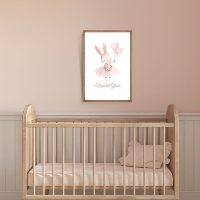 Arte personalizado para pared de nursery con conej (Pink Ballerina Bunny Personalized Girls Nursery Bedroom Wall Art poster print)