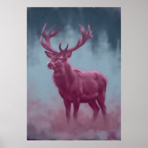 Arte pictórico de ciervo magenta en bosque azul