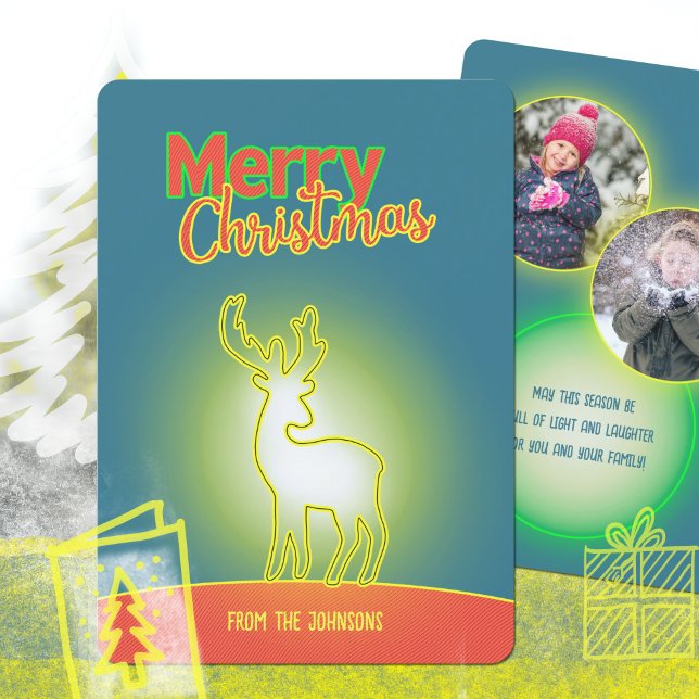 Arte Pop Neon Reno Ciervo Dos Foto Navidad (Pop Art Neon Reindeer Two Photo Christmas Holiday Card ©Susanne Sachers - Sunny Mind 🌞)