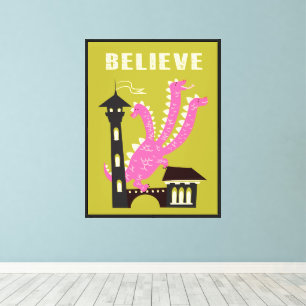 Arte pop retro de castillo de dragón rosa 3 con ca