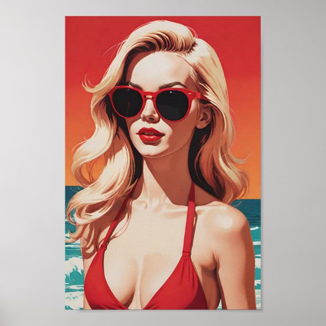 Arte pop retro: Palabra elegante en bikini rojo (Frente)