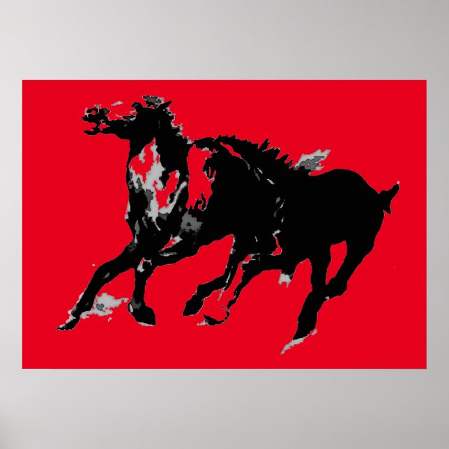 Arte pop rojo negro corriendo siluetas de caballos (Frente)