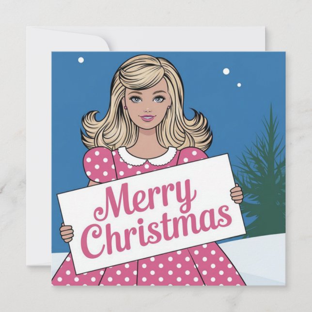 Arte pop rosa Feliz Navidad retro chica (Anverso)
