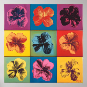 Arte Pop Vibrante de Flor de Hibisco en Cuadrícula