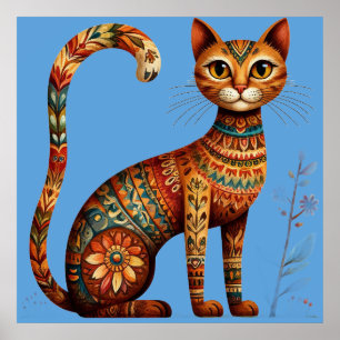 Arte Popular Boho Tribal Gato Lindo con Flores
