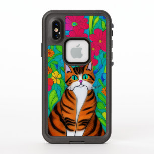 Arte popular caprichoso gato a rayas naranja y neg