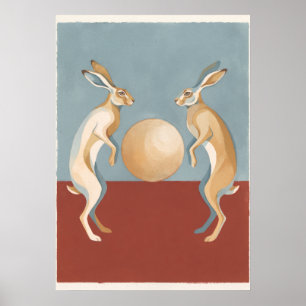Arte popular de liebres bailando y luna dorada