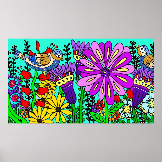 Arte popular estilo pájaro y flores bastante color (Frente)