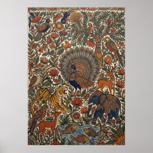 Arte Popular Indio Kalamkari Pavo Real Tigre Elefa