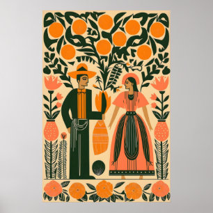Arte Popular Mexicano Impreso Pareja Bajo Naranjo