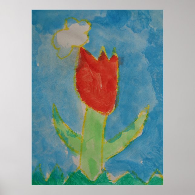 Arte por niños, pintura acuarela, tulipán, Poster (Frente)