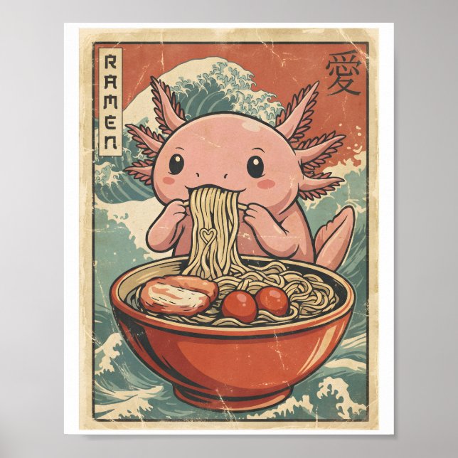 Arte Retro de Comida Japonesa Ramen Axolotl Kawaii (Frente)