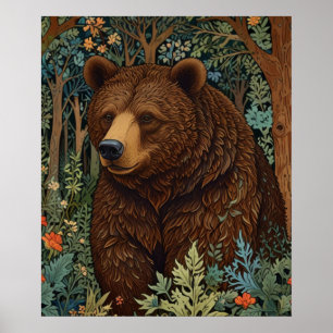 Arte retro de oso pardo boho bosque arbolado