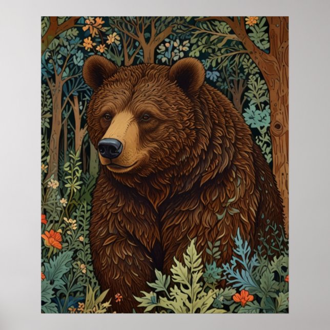 Arte retro de oso pardo boho bosque arbolado (Frente)