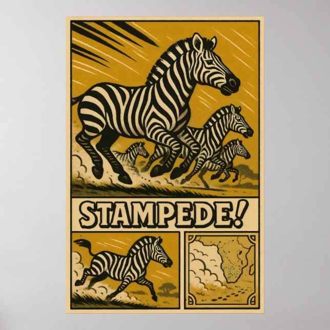 Arte Retro Safari Estampida de Cebra (Frente)