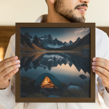 Arte temático de camping de tienda, montañas y lag