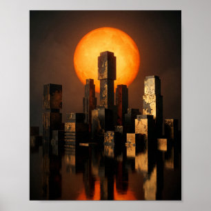 Arte texturizado de horizonte urbano con sol naran