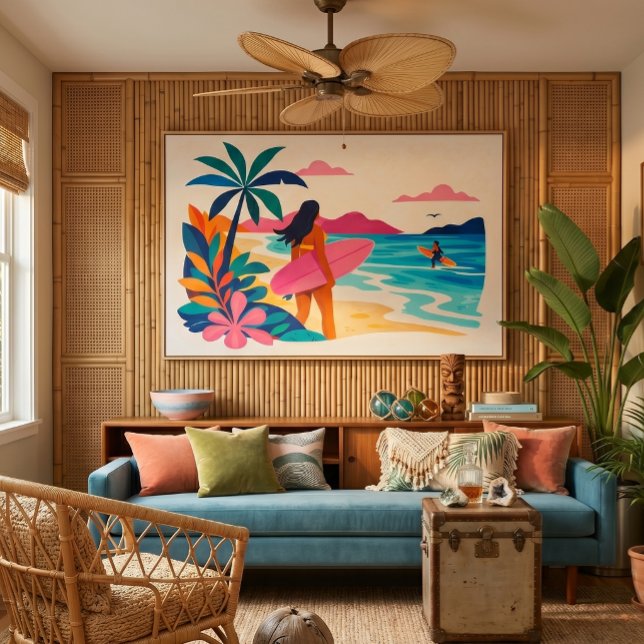 Arte tropical de playa de mediados de siglo (mid century retro surf art)