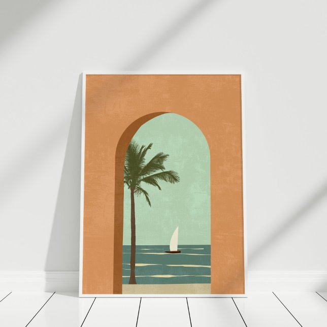 Arte Verde azulado de Ilustracion costero Boho Ter (Boho Terracotta Teal Coastal Illustration Art Poster in a white frame against white wall.)