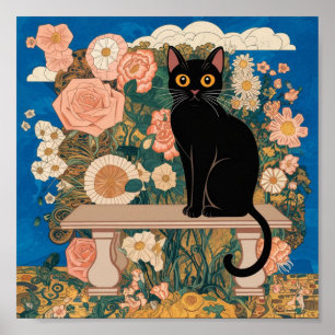 Arte Vintage Alterado Gato Negro Floral Gustav Kli