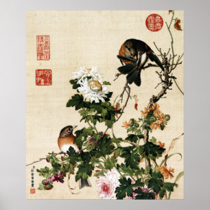 Arte Vintage Chinoiserie Crisantemo y Pájaros
