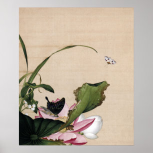 Arte vintage de Chinoiserie con Loto y Mariposa