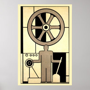 Arte vintage deco empresarial rueda y trabajador d
