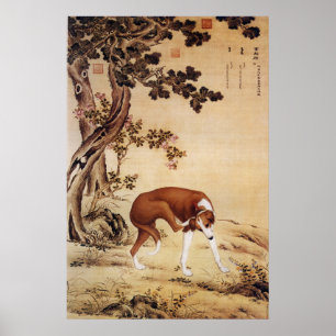 Arte vintage del galgo chino bajo el árbol de pino
