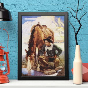Arte Vintage, Vaquero dando de beber a su caballo 