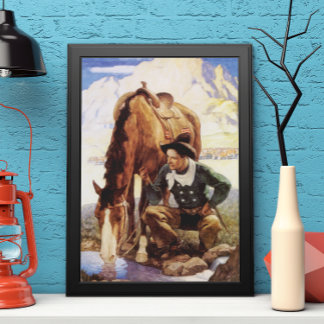 Arte vintage, vaquero regando su caballo por NC Wy