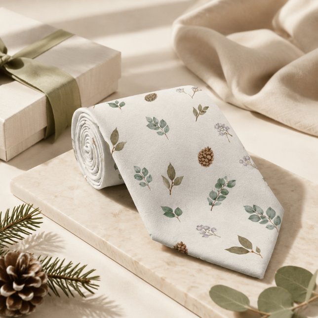 Artisanal Invierno Botánico Elegante Corbata Verde (Watercolor Botanical Sage Ivory Winter Groomsmen Holiday Formal Ties)