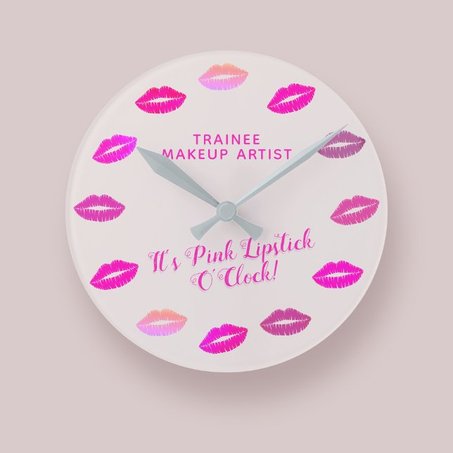 Artista de maquillaje MUA Reloj de pared de lápiz  (It's always Pink Lipstick O'Clock!  Just add your Makeup Artist name or Business Name)