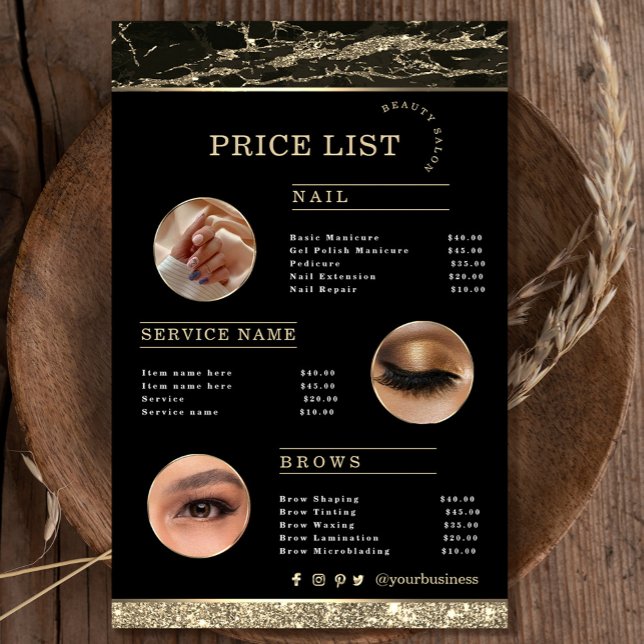 Artista de maquillaje Volante de Mármol de Oro Neg (Makeup Artist Black Gold Marble flyer #zazzlefinds #makeupflyer #addphoto #pricelist #threephoto)