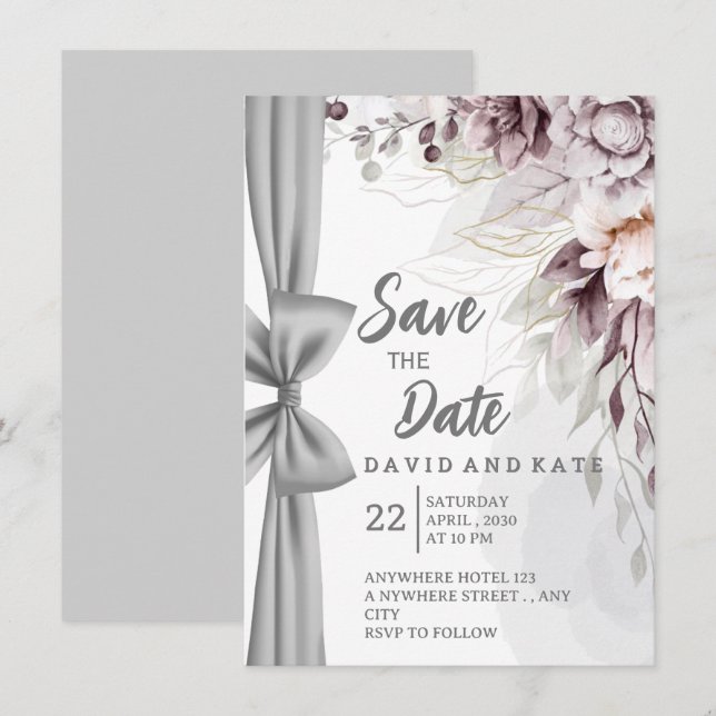 Artistic Curtain & Floral Save the Date Card (Anverso / Reverso)