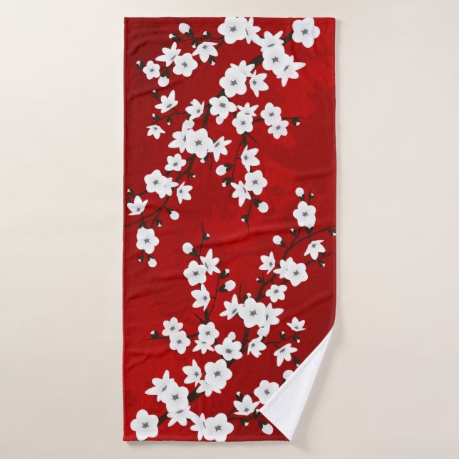 Asia Floral White Cherry Blossom Red (Toalla de baño)