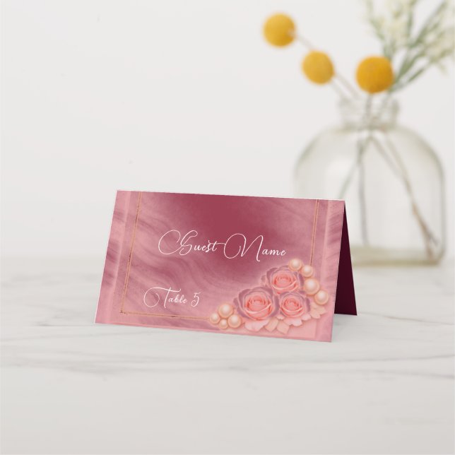 Asiento Boda de Tarjeta de Lugar Doblada Morado y Perlas (Anverso)