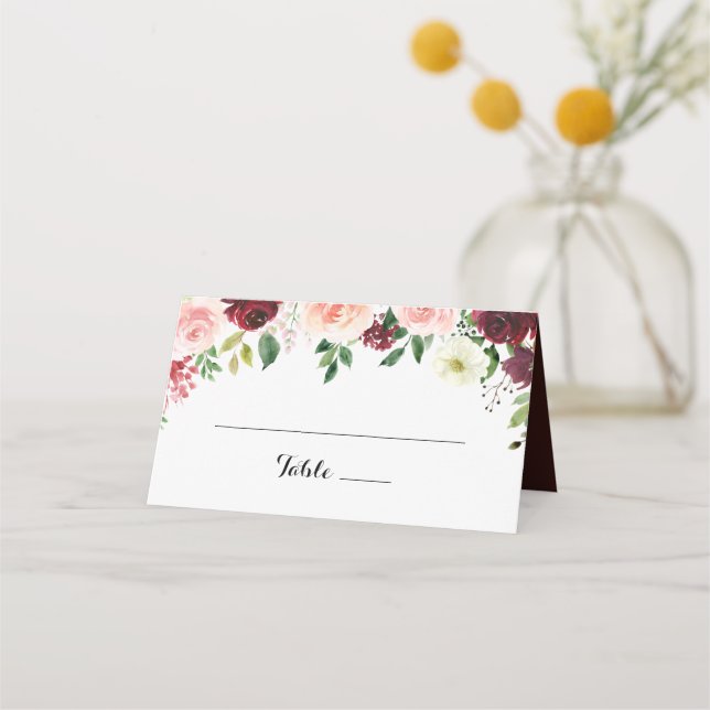 Asiento Burgundy Spring Floral Boda Tarjeta de plaza (Anverso)