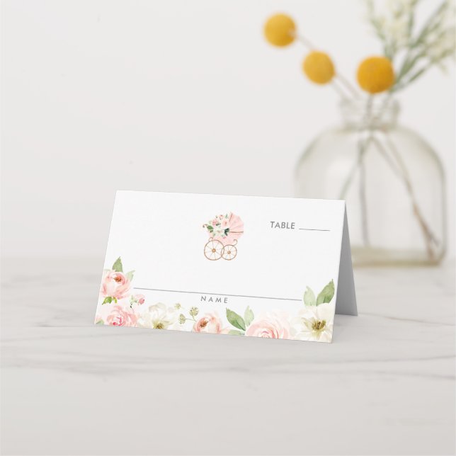 Asiento Chica Floral Rosa Baby Shower Tarjeta de lugar ple (Anverso)