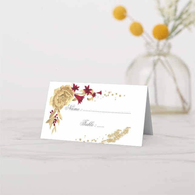 Asiento flor burdeos y dorada tarjeta de lugar elegante (Anverso)