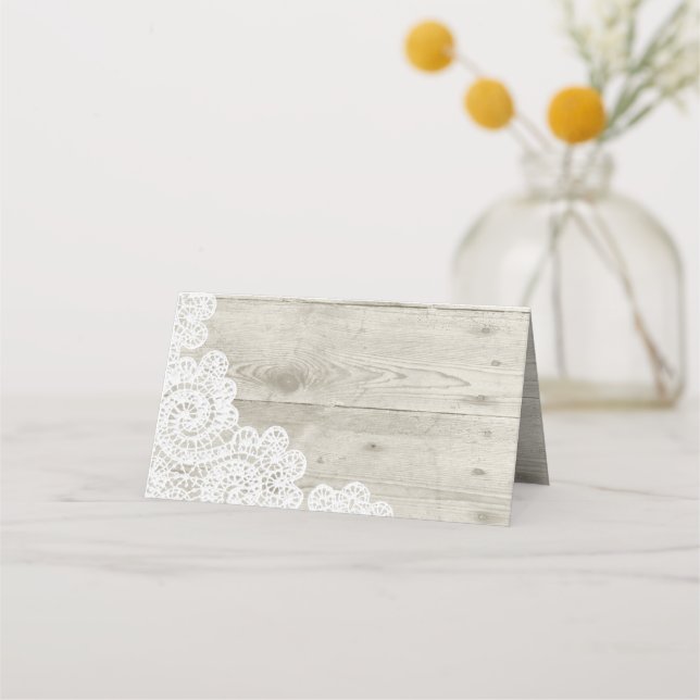 Asiento Shabby Wood and Lace Boda Tarjeta de lugar plegado (Anverso)