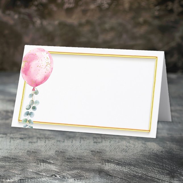 Asiento Tarjeta Baby Shower Place de globo rosa | Marco do (Pink Balloon & Gold Frame)