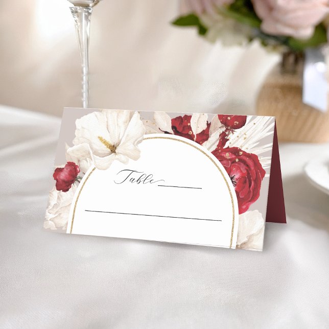 Asiento Tarjeta boda floral blanca y roja de rubí (Subido por el creador)