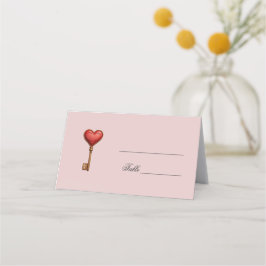 Asiento Tarjeta boda rosa de la llave con forma de corazón